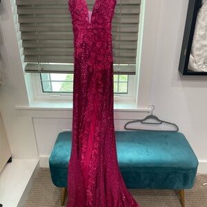 Jovani Hot Pink Sequin Floral Evening Gown
